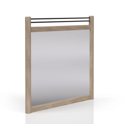 Queen canopy bed headboard in sand finish with natural wood posts and black metal rails on Tampa Home & Garden Store