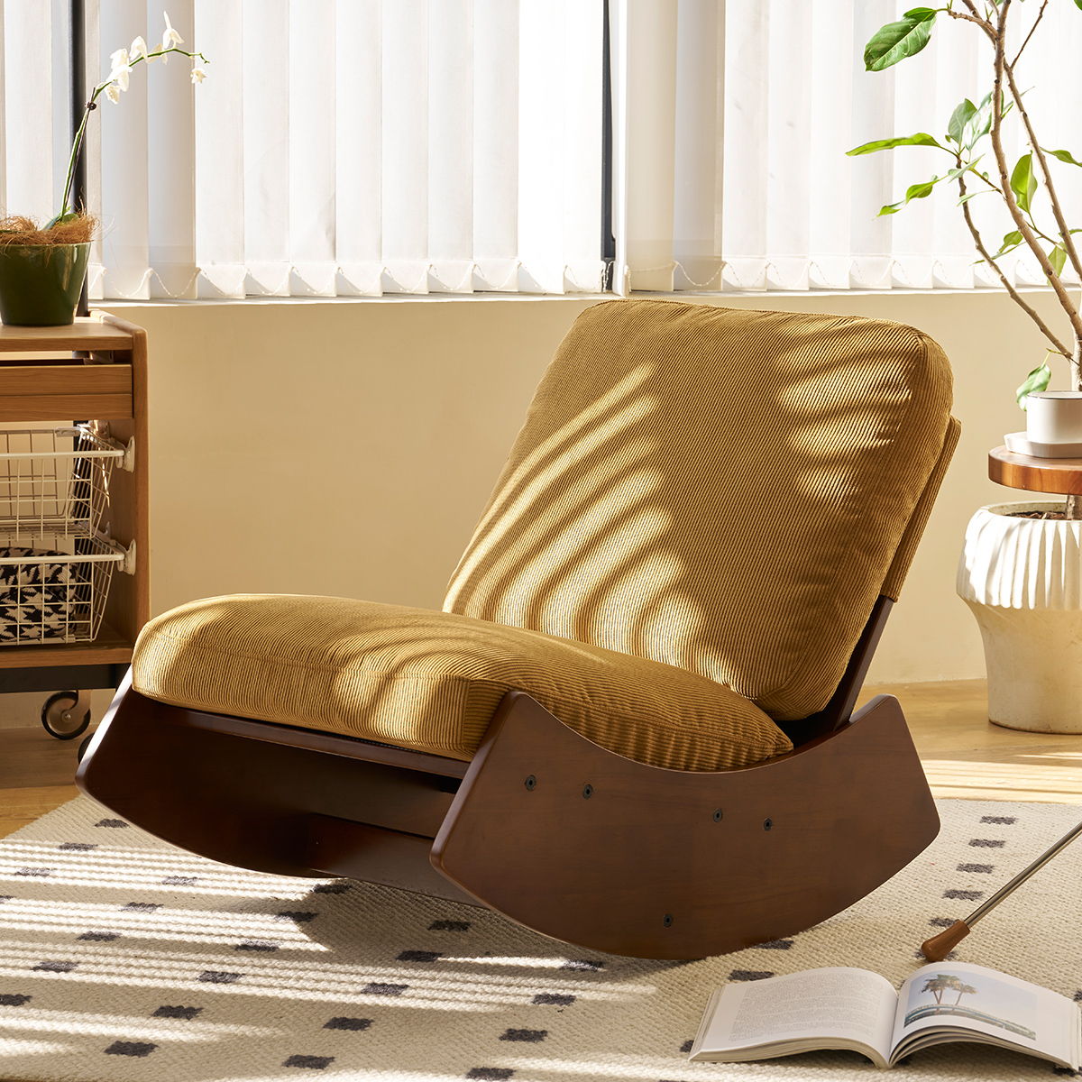 Upholstered glider rocking chair, solid wood frame, golden beige fabric, HouseOfZazla on Tampa Home & Garden Store