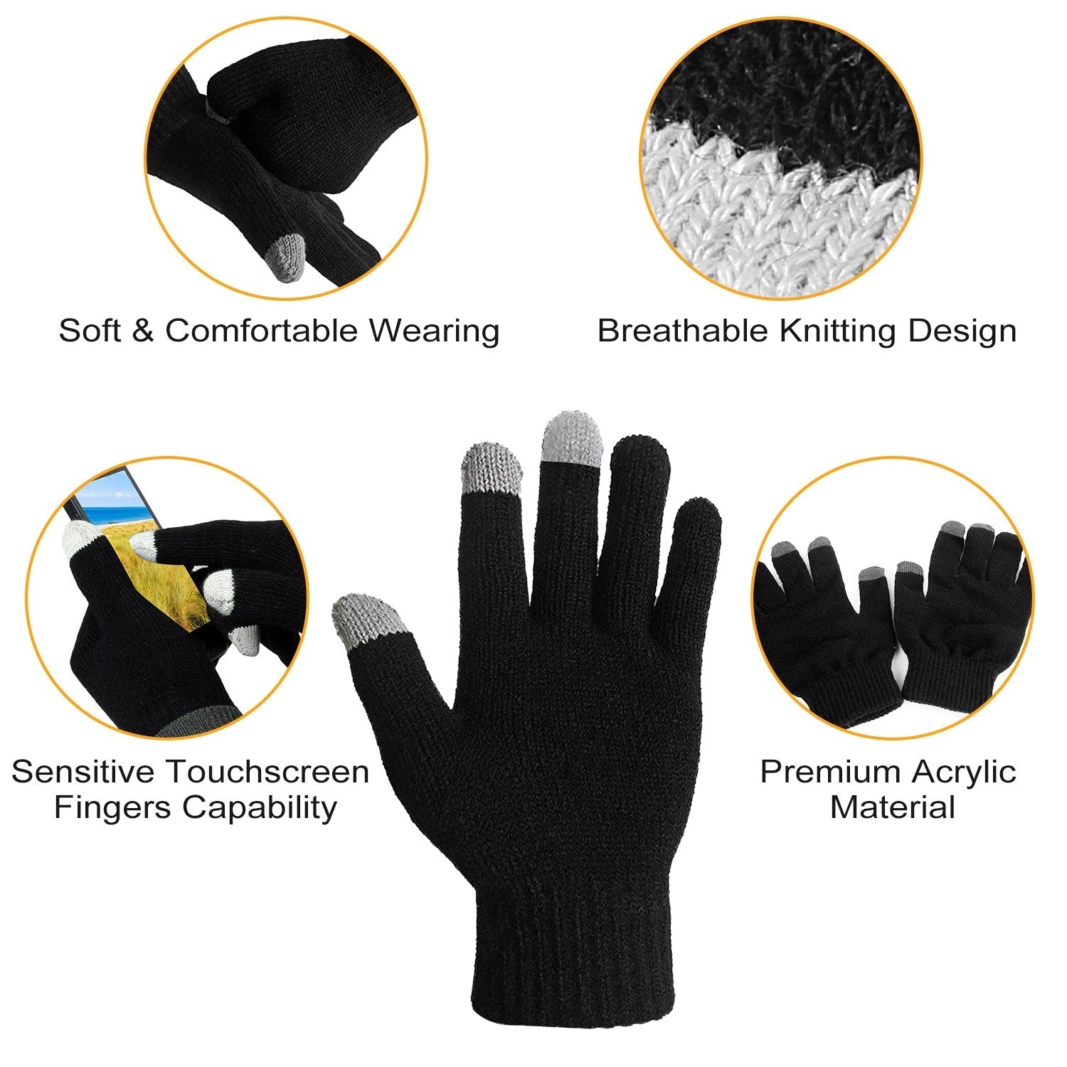 GemGear black unisex full-finger touch-screen gloves knitted warmth premium acrylic material on Tampa Home & Garden Store