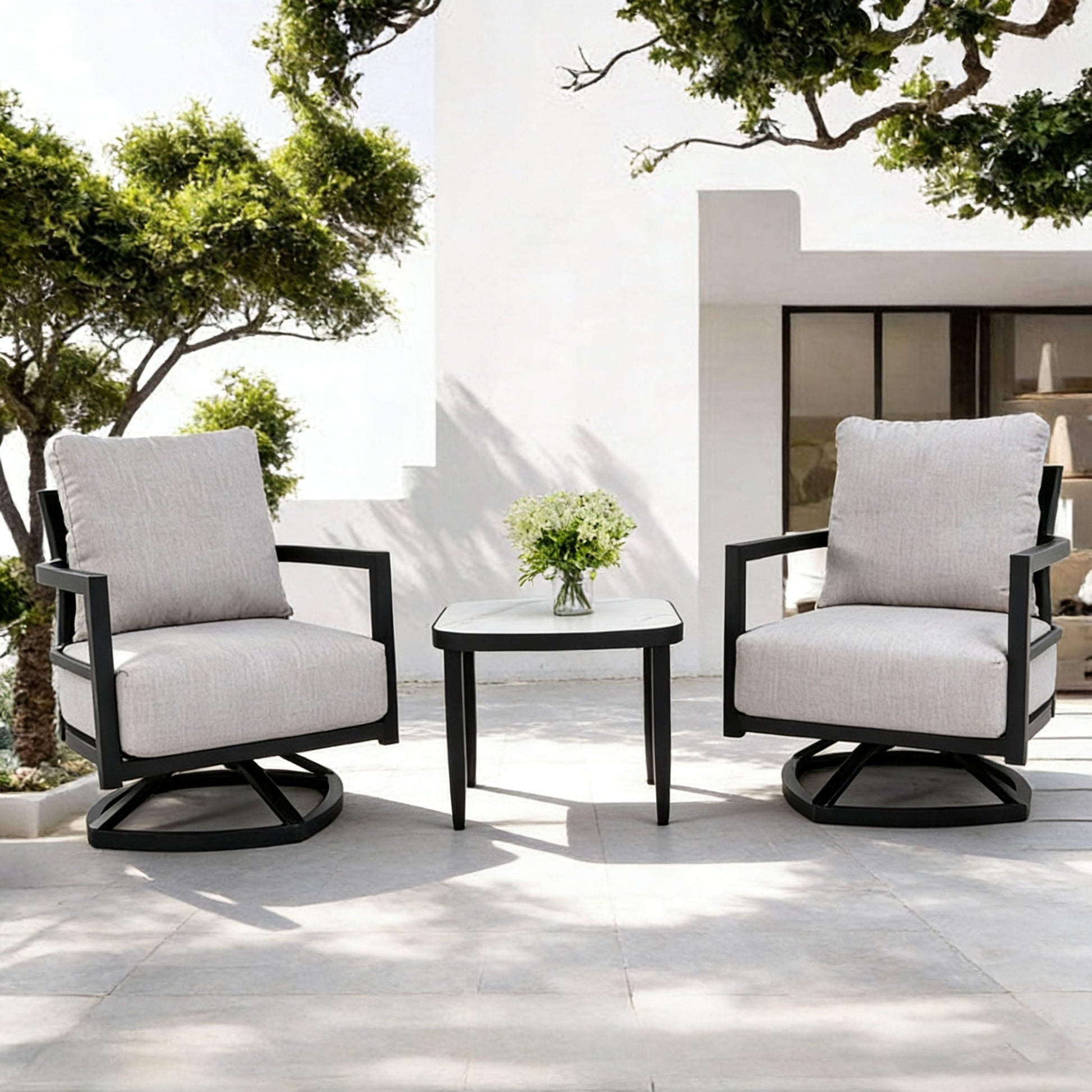 3-piece chat set with Sunbrella cushions and black metal frame, gray seating with table on Tampa Home & Garden Store