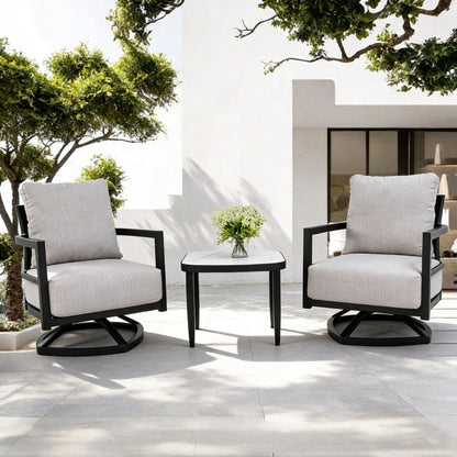 3-piece chat set with Sunbrella cushions and black metal frame, gray seating with table on Tampa Home & Garden Store