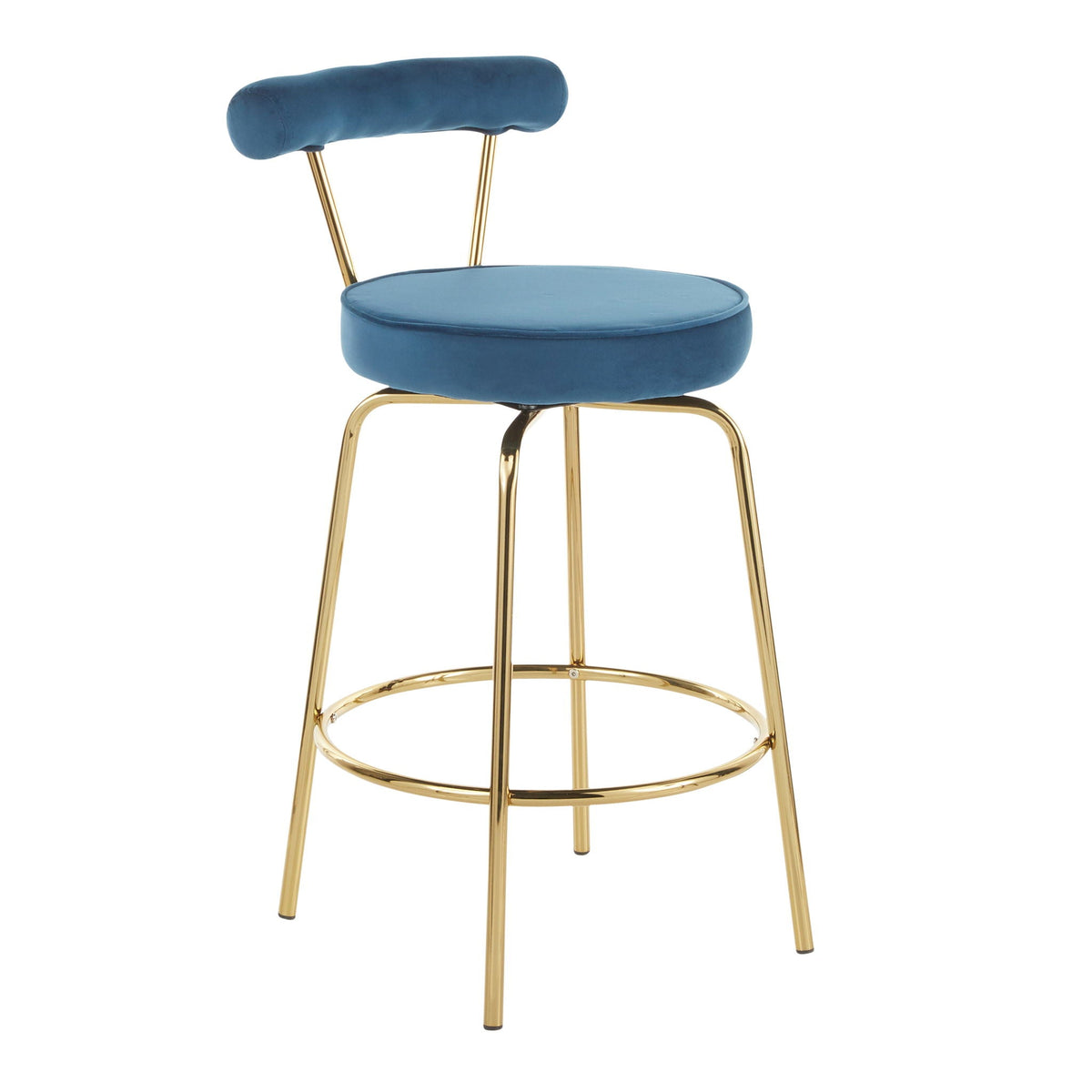Glam counter stool with swivel blue velvet seat and backrest, gold legs set of 2 on Tampa Home & Garden Store