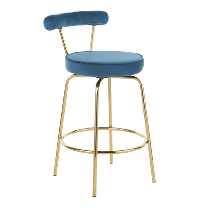 Glam counter stool with swivel blue velvet seat and backrest, gold legs set of 2 on Tampa Home & Garden Store