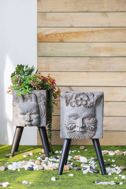 Gray Greek God statue planter with legs; planters on tripod legs, succulents in planter on Tampa Home & Garden Store