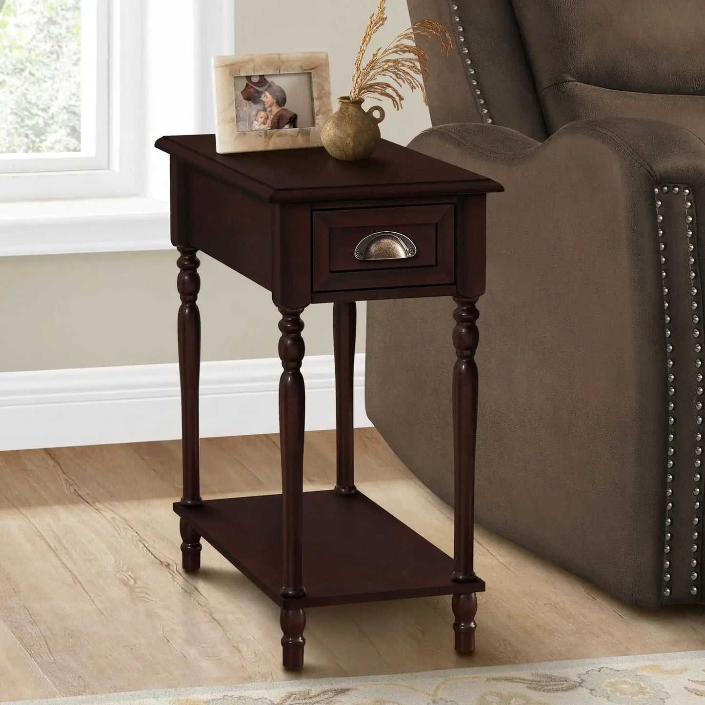 Accent Side Table 2-Tier with storage drawer in dark espresso, brass knob on Tampa Home & Garden Store