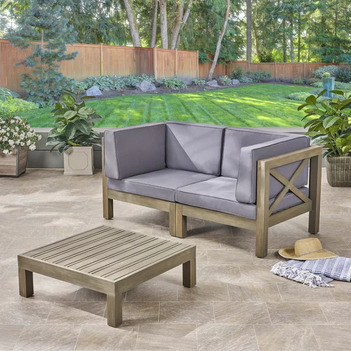 Brava X-Back 2 Seater Sectional by HouseOfZazla; gray cushions on wood frame, 2p outdoor set on Tampa Home & Garden Store