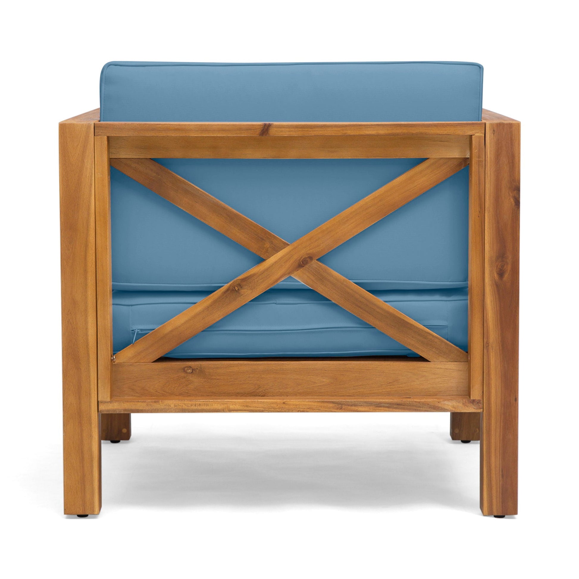 Brava Mid-Century Club Chair blue water-resistant cushions on wood frame with X-back on Tampa Home & Garden Store