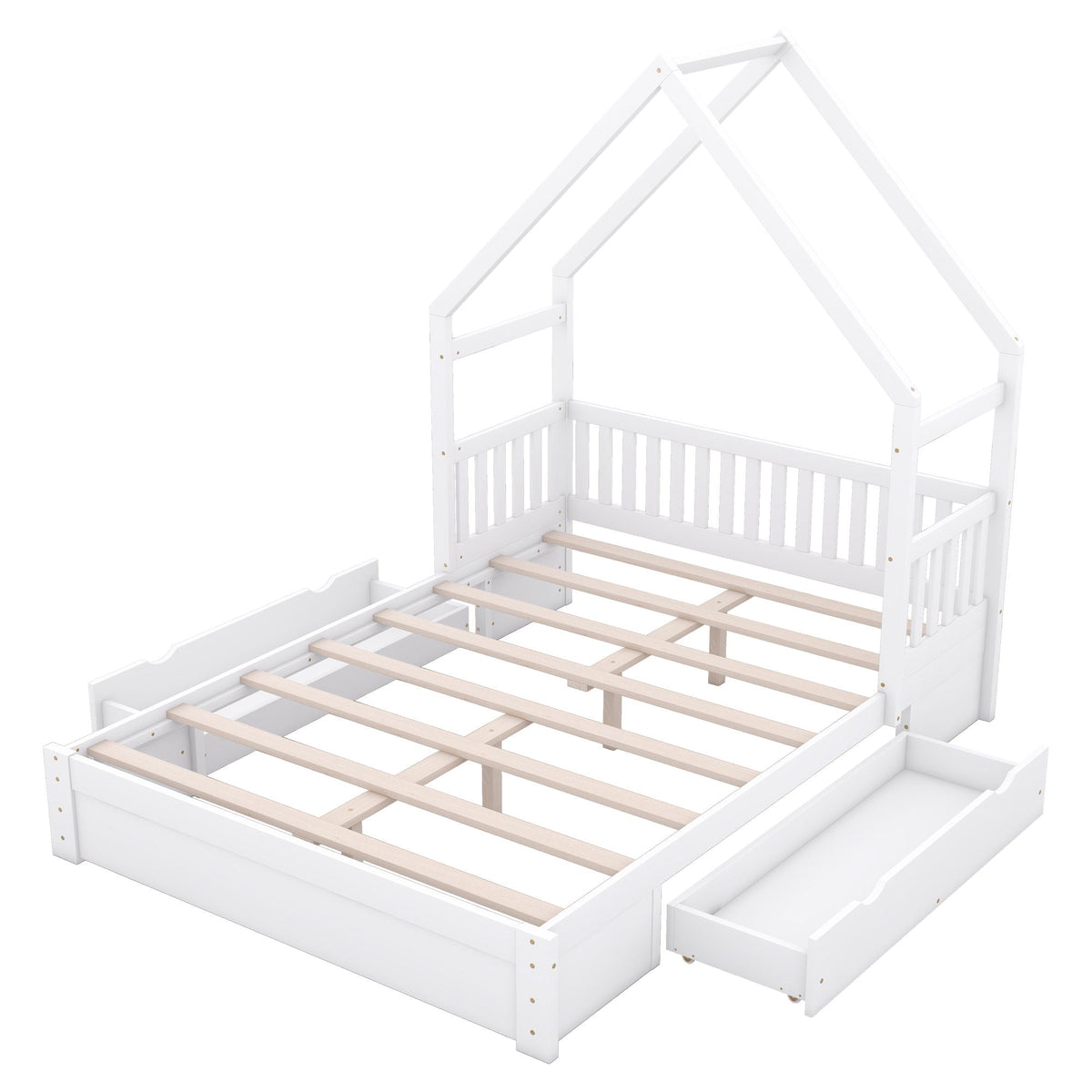 House Style Platform Bed with guardrails and 2 storage drawers, white wood with slatted base on Tampa Home & Garden Store