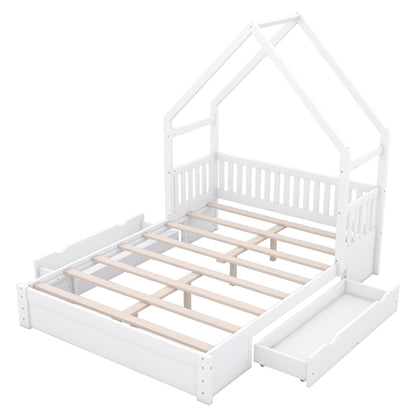 House Style Platform Bed with guardrails and 2 storage drawers, white wood with slatted base on Tampa Home & Garden Store