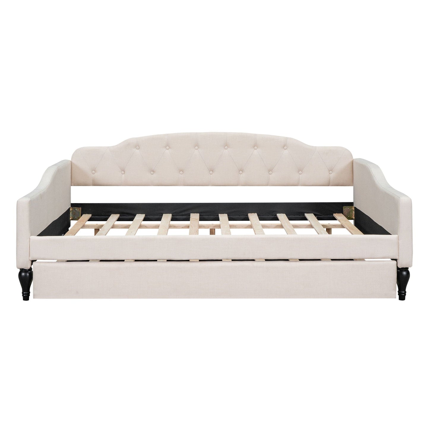 Upholstered tufted daybed in beige fabric with curved arms and visible slatted bed frame on Tampa Home & Garden Store