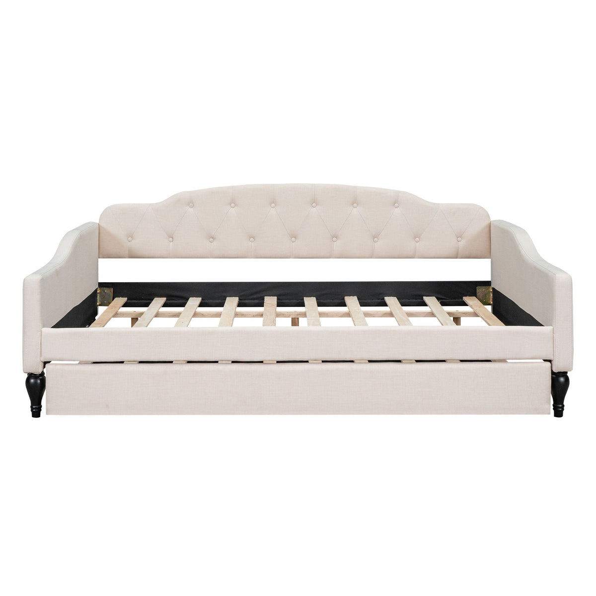 Upholstered tufted daybed in beige fabric with curved arms and visible slatted bed frame on Tampa Home & Garden Store