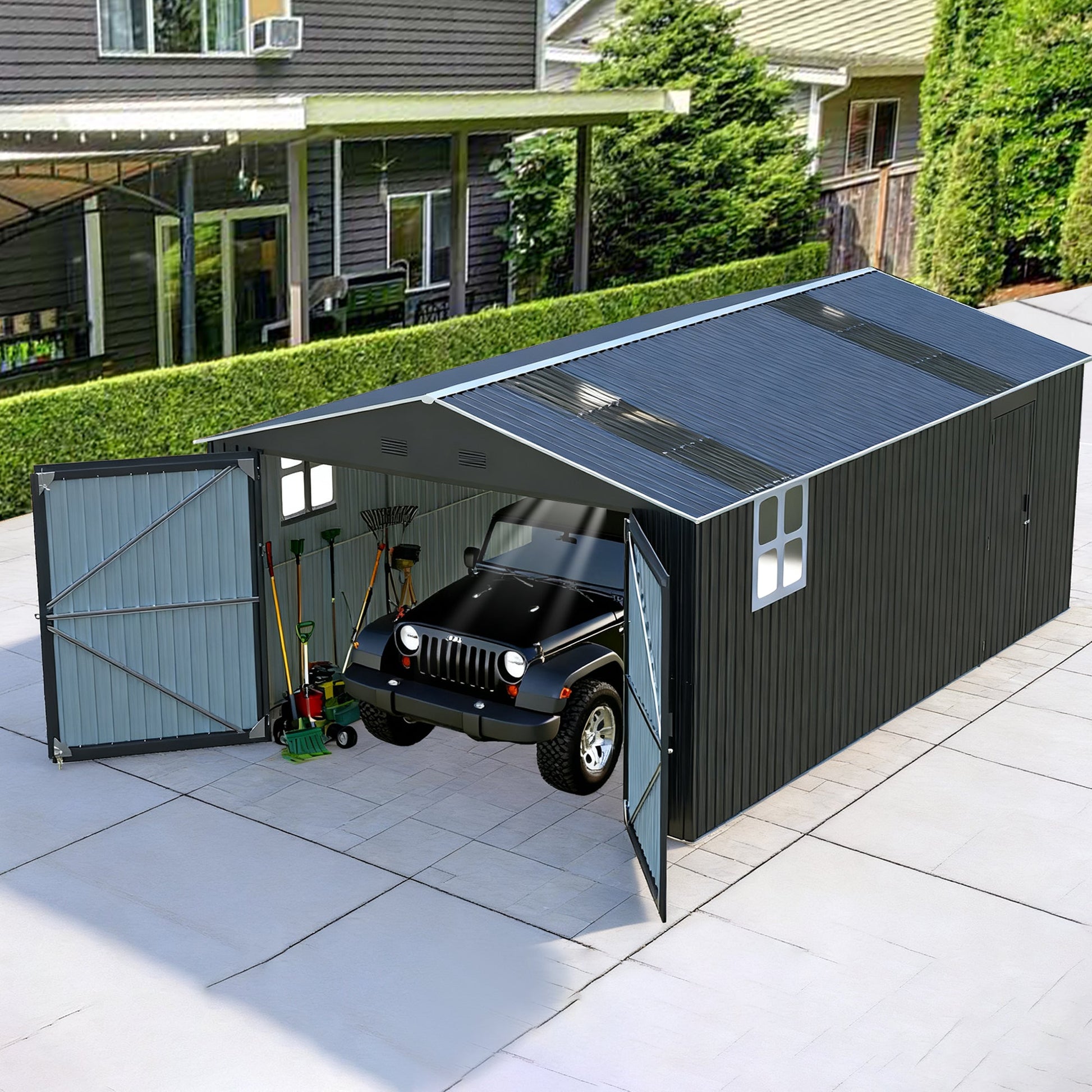 Upgraded 13x20FT Outdoor Storage Shed by HouseOfZazla in dark grey metal with corrugated roof on Tampa Home & Garden Store