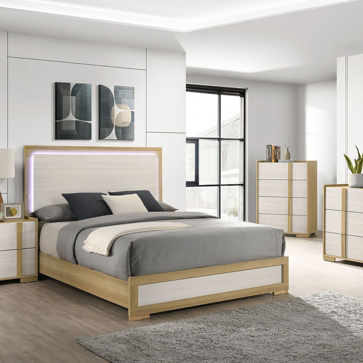 Lincoln LED Panel Bed with Touch Light Headboard by HouseOfZazla in light oak with white panels on Tampa Home & Garden Store