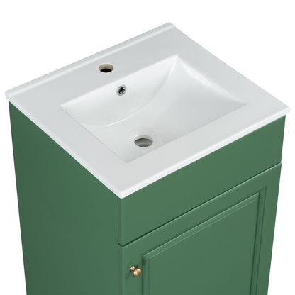 Bathroom vanity with white sink on green cabinet, brass hardware, adjustable shelf on Tampa Home & Garden Store