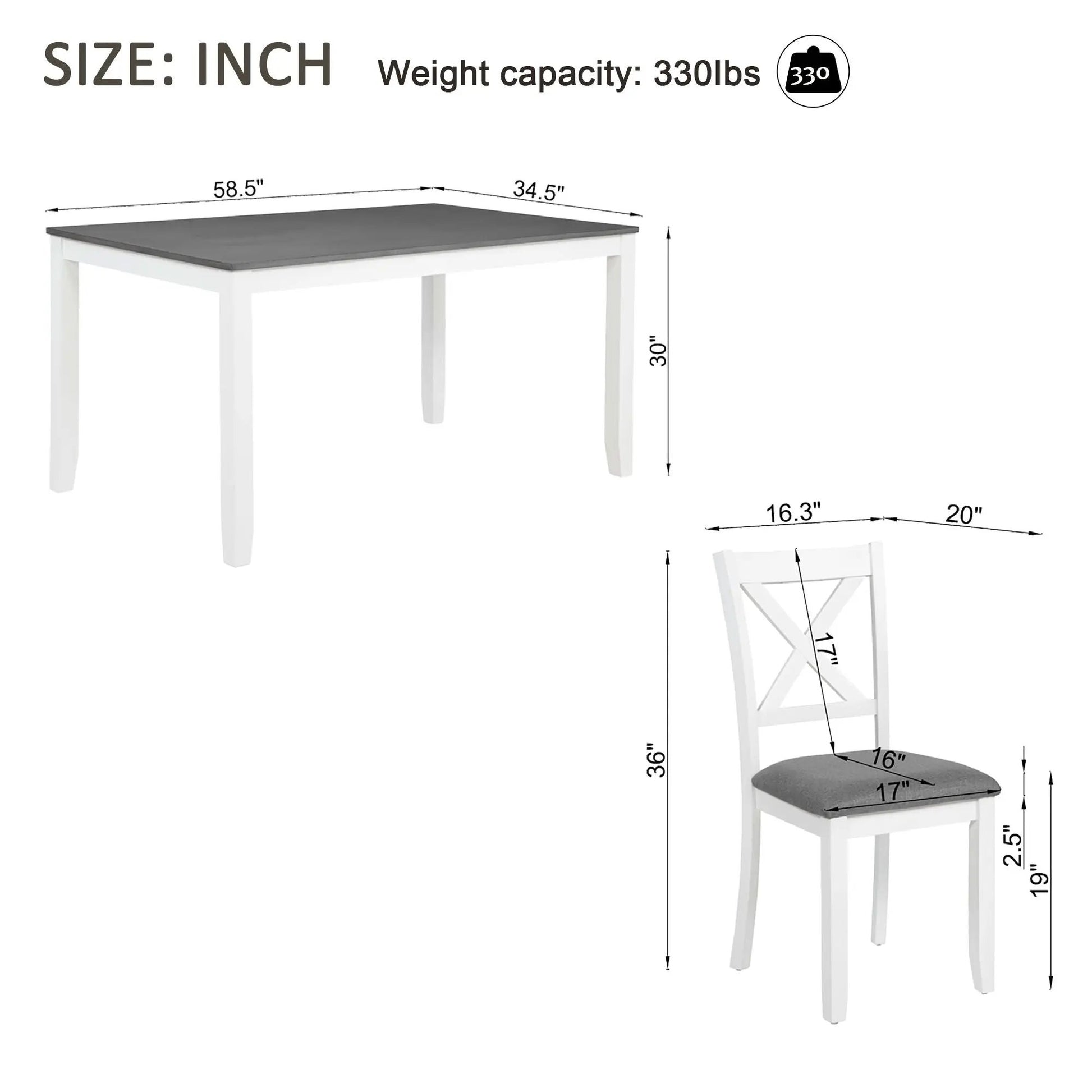 Rectangular kitchen dining set, 6-piece by Unique Piece Furniture white frame gray top and seats on Tampa Home & Garden Store