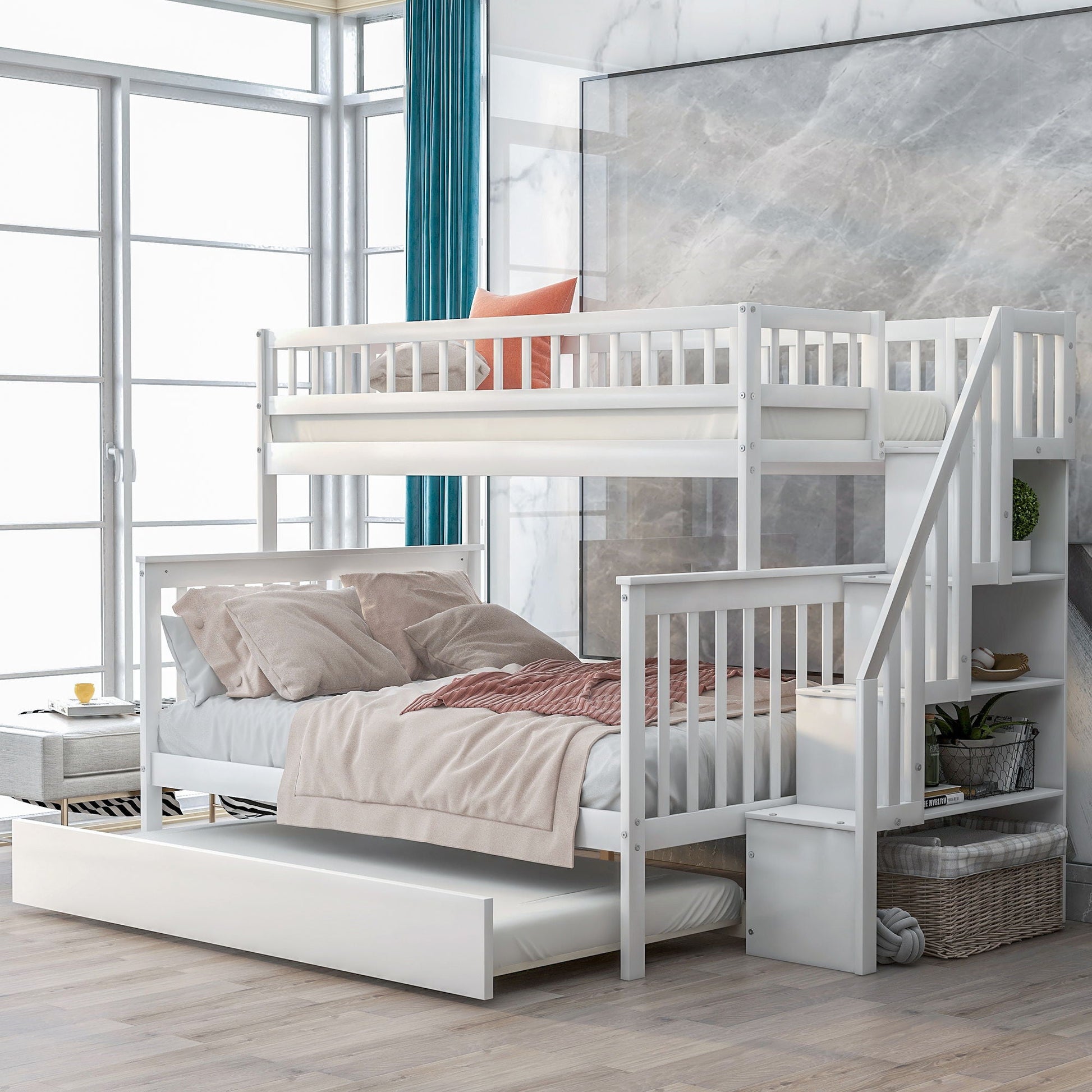 Bunk Bed With Staircase white finish by HouseOfZazla with upper/lower bunks and stairs on Tampa Home & Garden Store