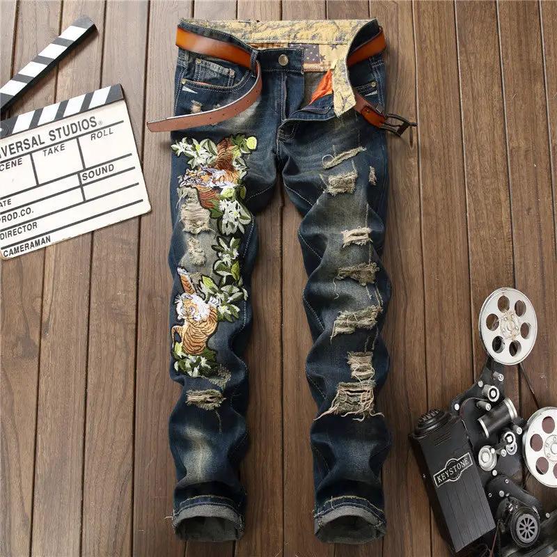 Ripped distressed men's jeans with tiger floral embroidery, blue denim, FLIPSTYLEZLLC on Tampa Home & Garden Store
