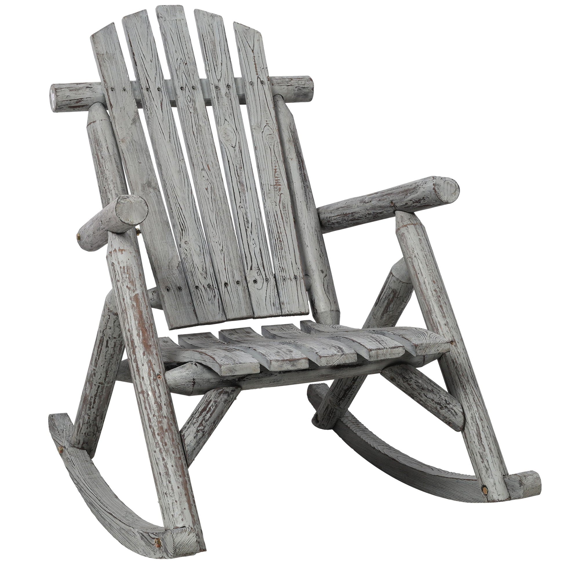 HouseOfZazla fir log rocking chair with weathered gray finish and slatted back on Tampa Home & Garden Store