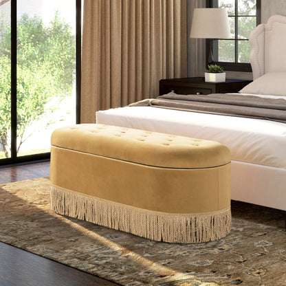 Melinda oval tufted bullion fringe storage bench in beige fabric by HouseOfZazla on Tampa Home & Garden Store