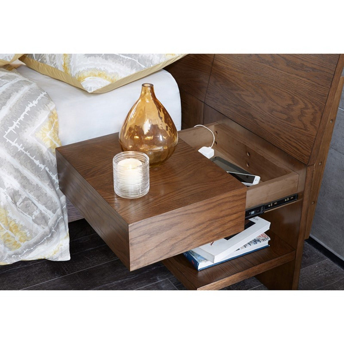 Queen bed with attached nightstands in pecan wood and hidden storage drawers on Tampa Home & Garden Store