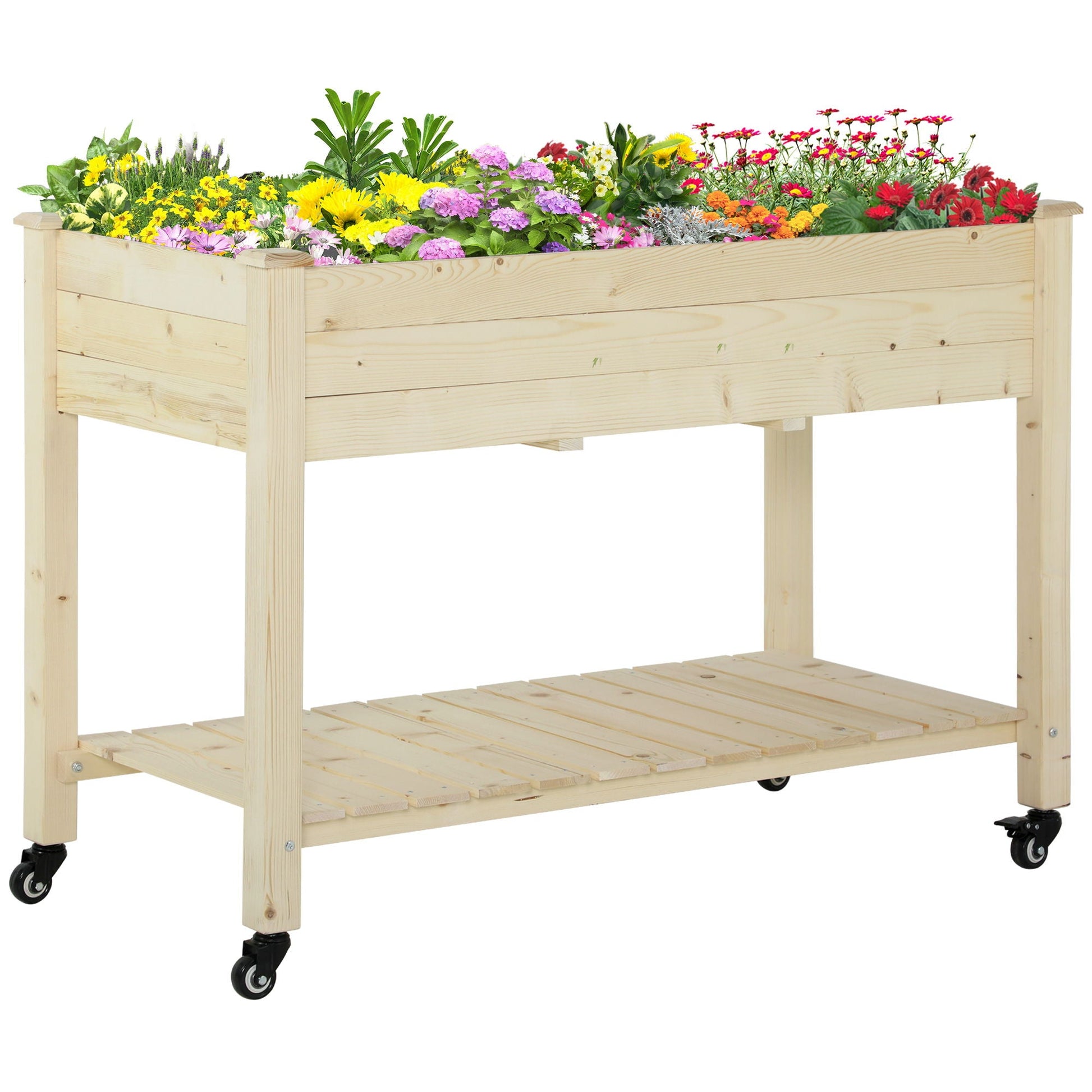 Raised wooden garden bed on wheels with lower shelf, natural finish, blooming flowers on Tampa Home & Garden Store