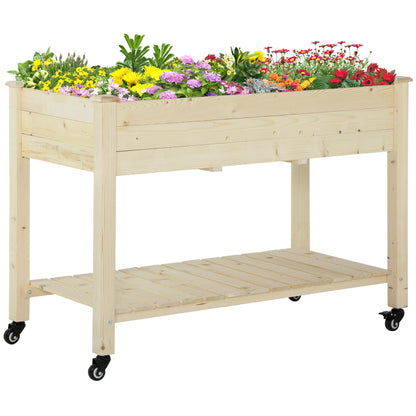 Raised wooden garden bed on wheels with lower shelf, natural finish, blooming flowers on Tampa Home & Garden Store