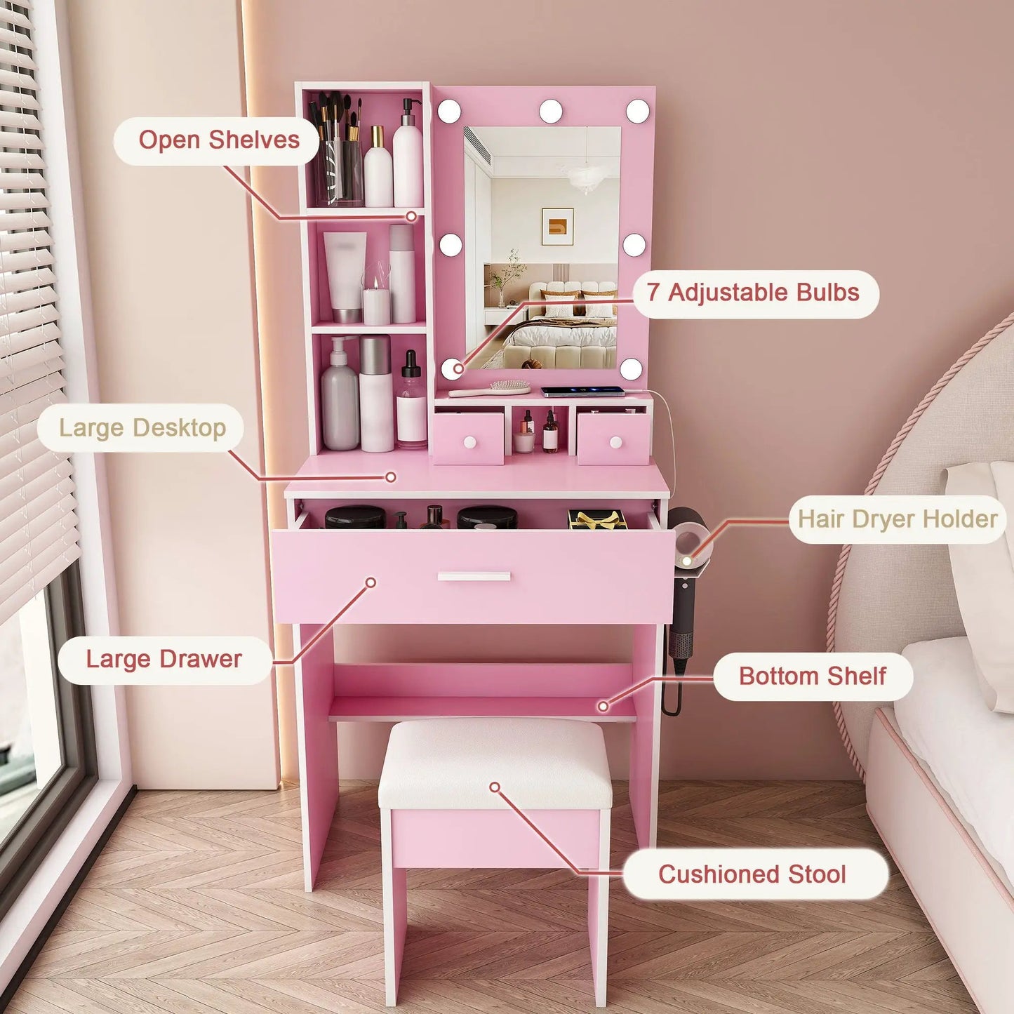 Vanity Table with Mirror and Hairdryer Holder