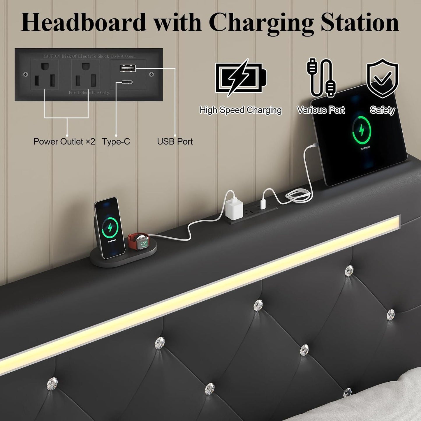Upholstered Bed Frame with LED Lights Storage