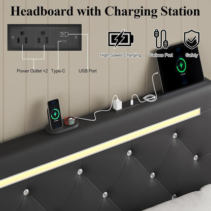 Upholstered Bed Frame with LED Lights Storage