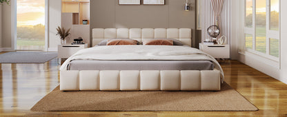 Elegant chenille upholstered bed with beige checkerboard headboard by HouseOfZazla on Tampa Home & Garden Store