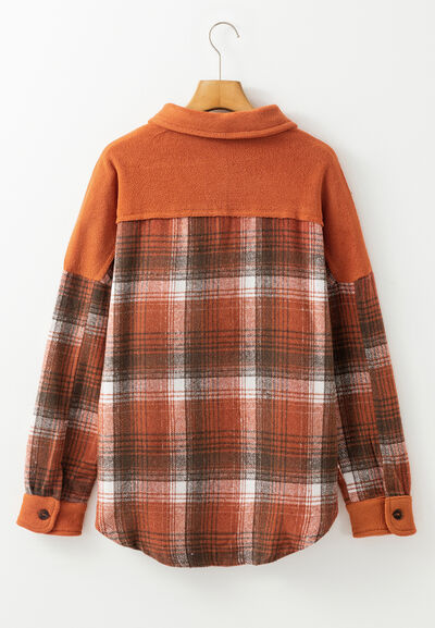 Plaid button-up jacket by Stevvex, rust-orange yoke with plaid body, lightweight outerwear on Tampa Home & Garden Store