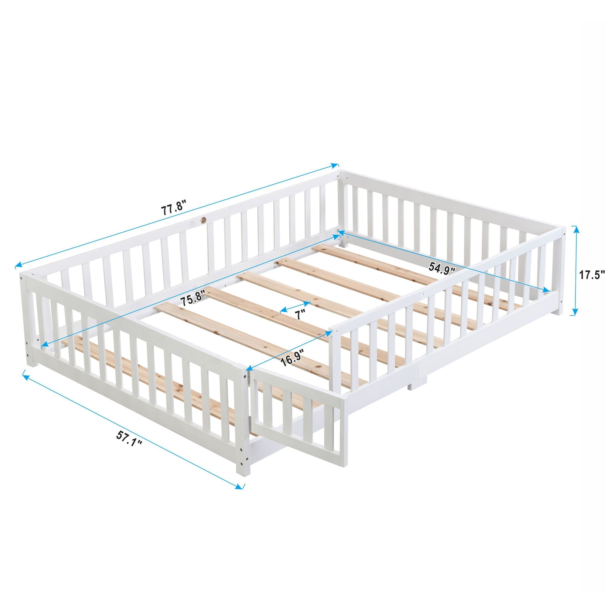 Solid wood floor bed with door and fence for children in white, HouseOfZazla platform bed on Tampa Home & Garden Store