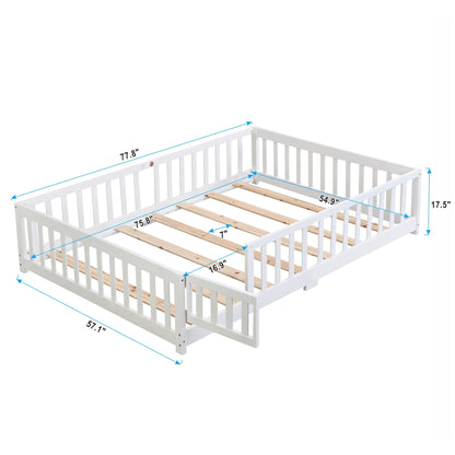 Solid wood floor bed with door and fence for children in white, HouseOfZazla platform bed on Tampa Home & Garden Store