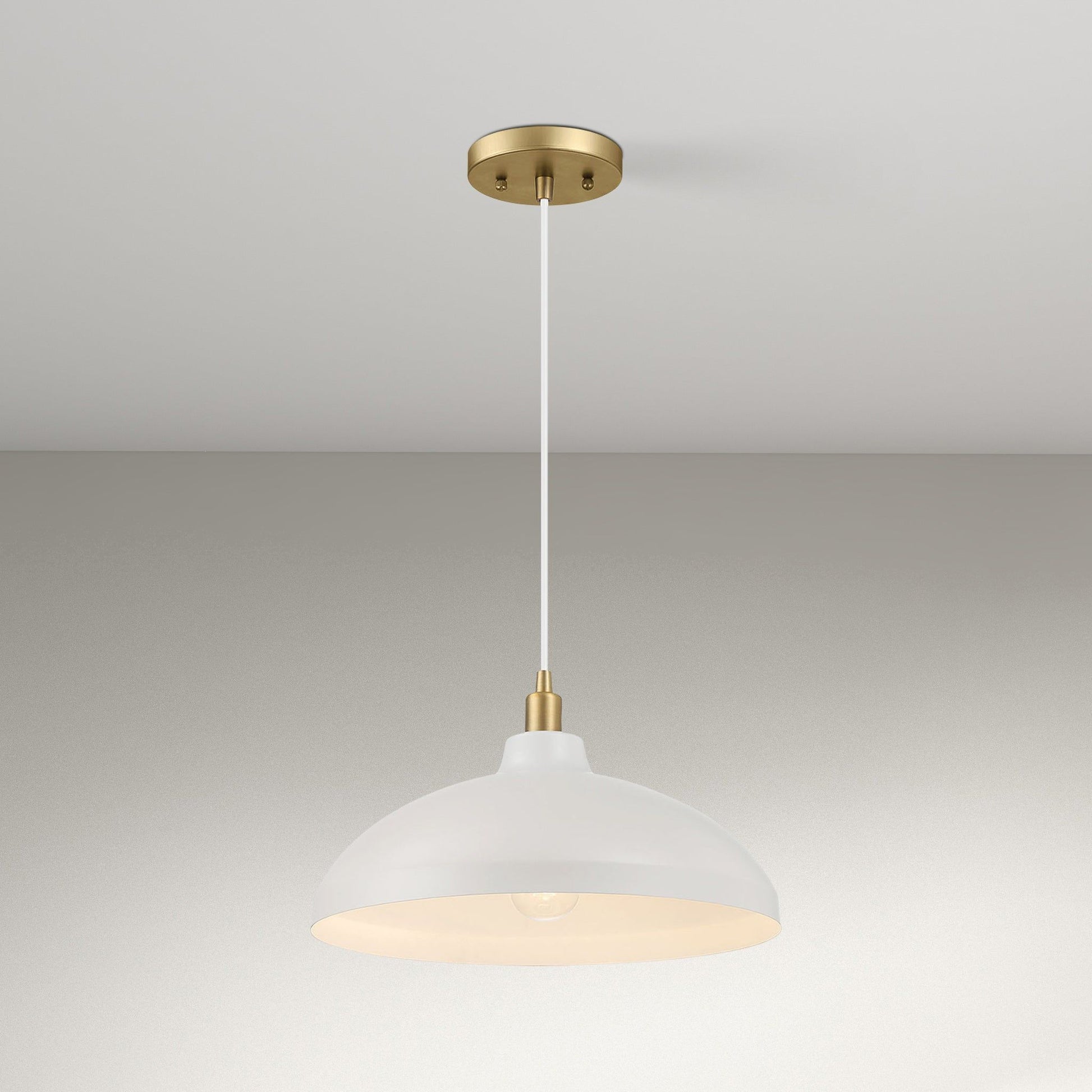 Astral single pendant light with gold canopy and white shade on white cord on Tampa Home & Garden Store