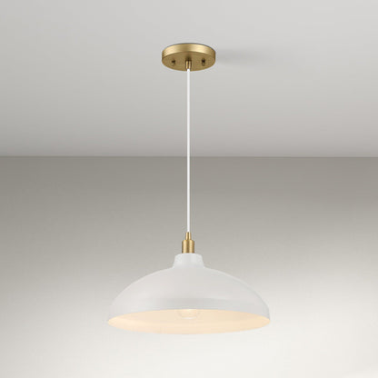Astral single pendant light with gold canopy and white shade on white cord on Tampa Home & Garden Store