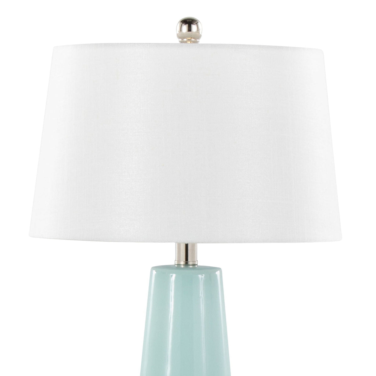Penelope contemporary table lamp with white drum shade and pale blue ceramic base on Tampa Home & Garden Store
