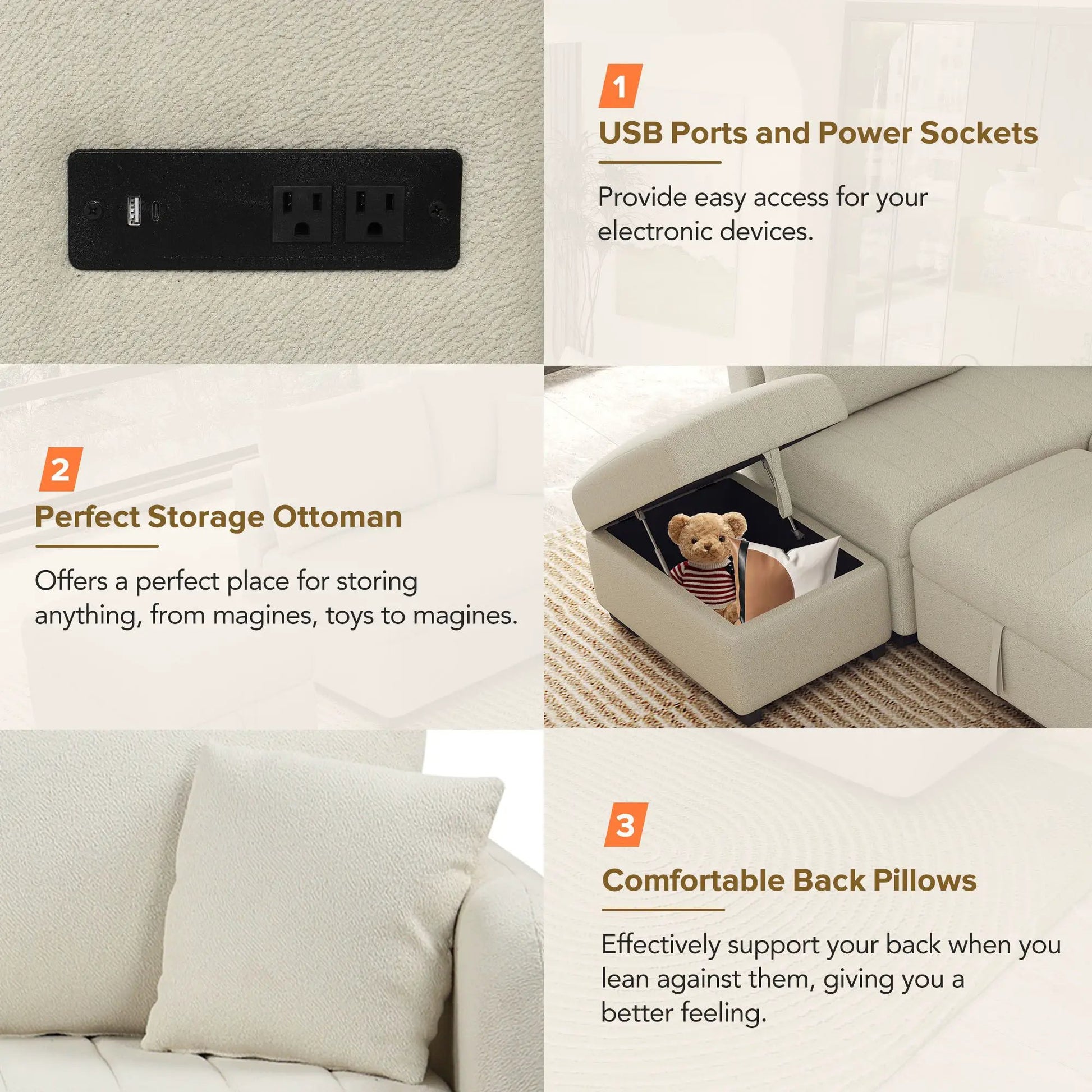 Sleeper sectional power module with two USB ports and sockets on black plate over beige carpet on Tampa Home & Garden Store