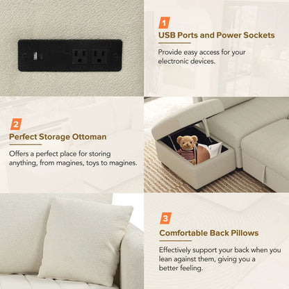 Sleeper sectional power module with two USB ports and sockets on black plate over beige carpet on Tampa Home & Garden Store