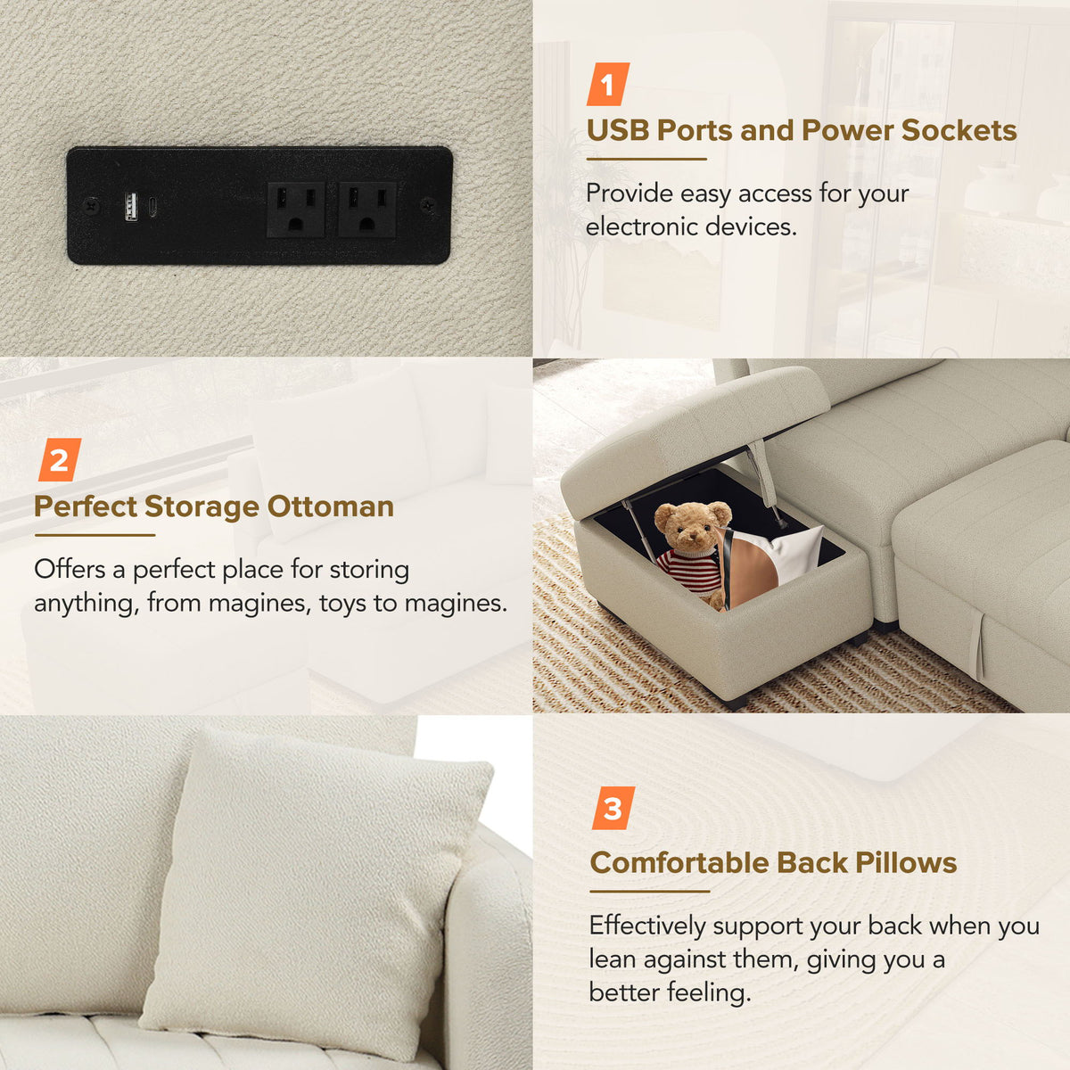 Beige L-shaped sleeper sectional with movable storage ottoman; USB ports and power sockets on Tampa Home & Garden Store