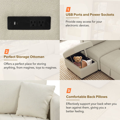 Beige L-shaped sleeper sectional with movable storage ottoman; USB ports and power sockets on Tampa Home & Garden Store