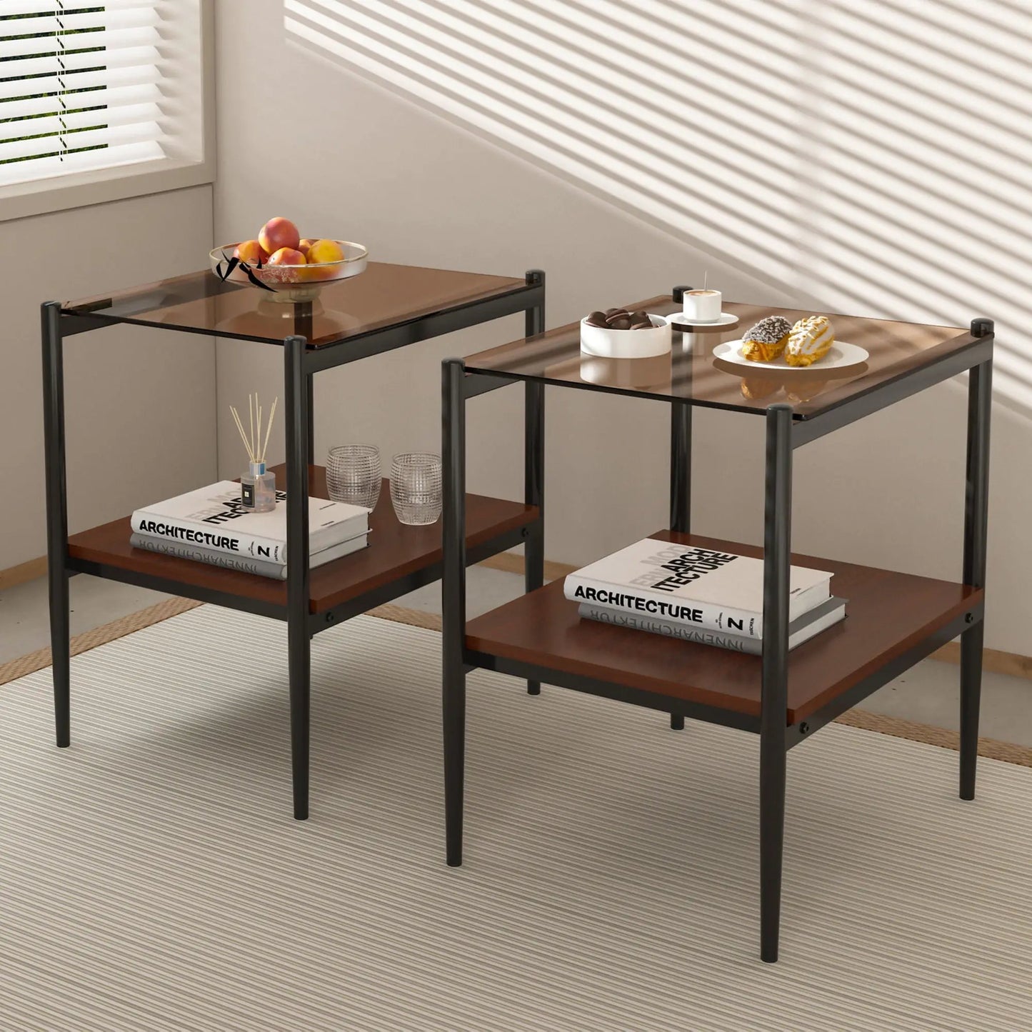 Modern End Table Set of 2 With Tempered Glass