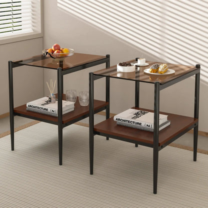 Modern End Table Set of 2 With Tempered Glass