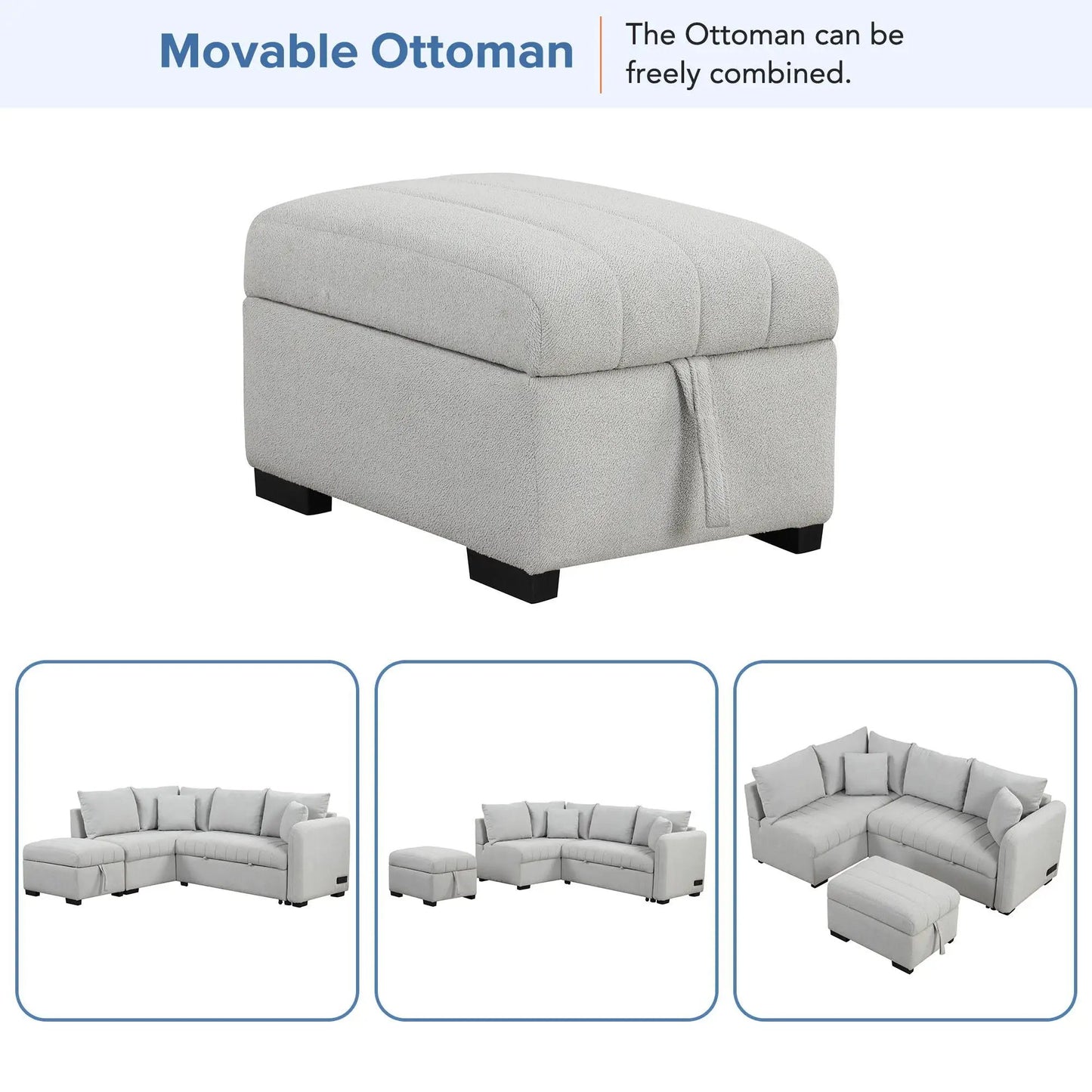 Movable storage ottoman in light grey textured fabric, part of a sleeper sectional on Tampa Home & Garden Store