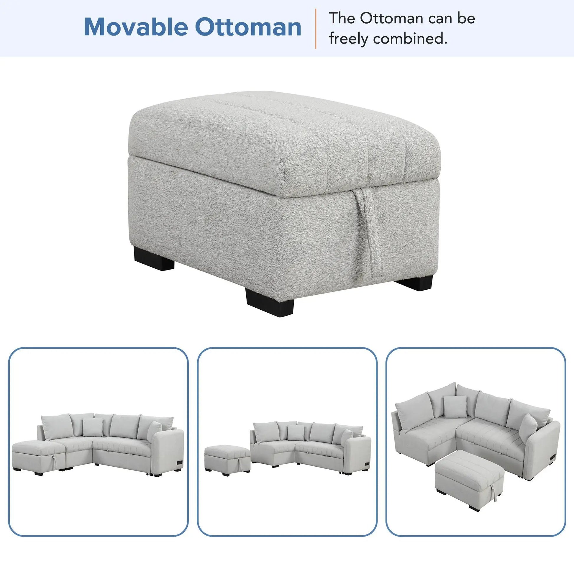 Movable storage ottoman in light grey textured fabric, part of a sleeper sectional on Tampa Home & Garden Store
