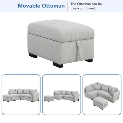 Movable storage ottoman in light grey textured fabric, part of a sleeper sectional on Tampa Home & Garden Store