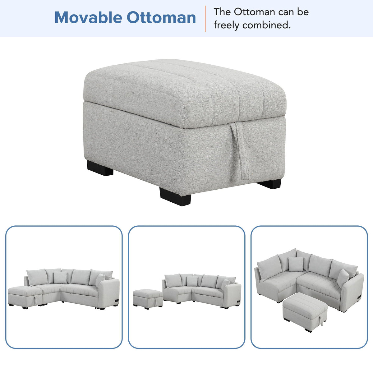 Movable storage ottoman in textured light gray fabric for sleeper sectional by HouseOfZazla on Tampa Home & Garden Store