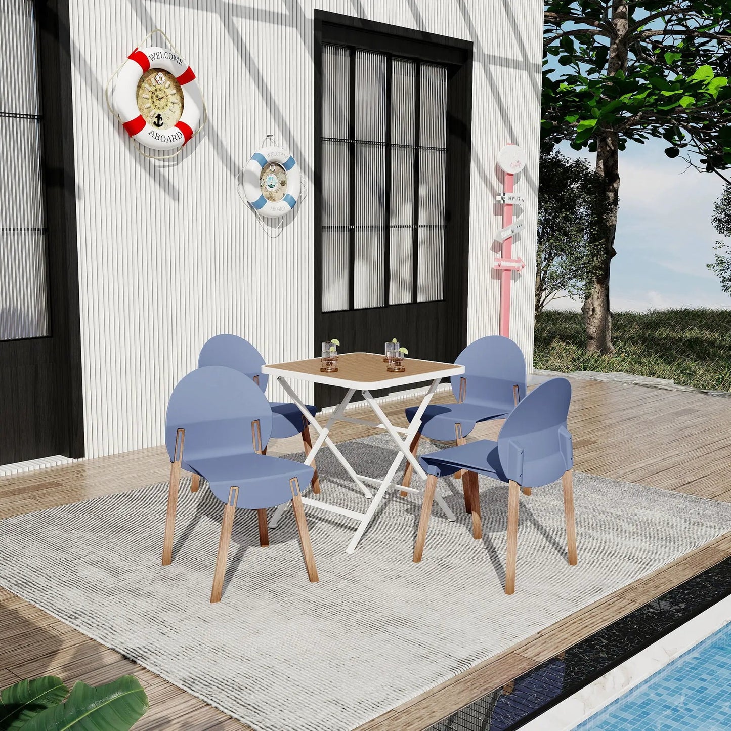 4-piece outdoor set with blue folding chairs and a square table by Unique Piece Furniture on Tampa Home & Garden Store