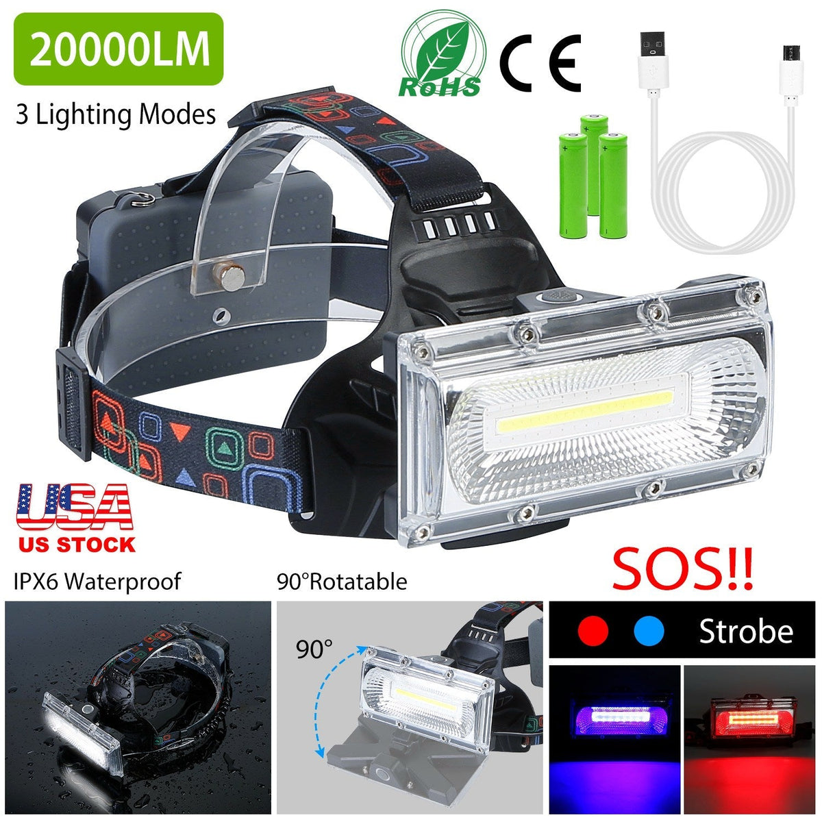 GemGear 20000LM LED headlamp with 3 modes, IP65 waterproof, 90° rotatable, USB cable on Tampa Home & Garden Store