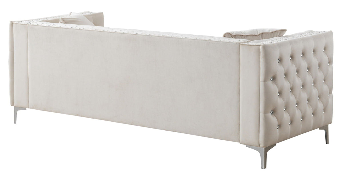 Paige stationary sofa by HouseOfZazla, beige tufted with crystal buttons and metal legs on Tampa Home & Garden Store
