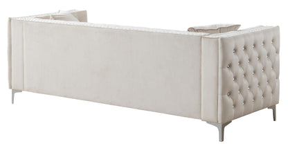 Paige stationary sofa by HouseOfZazla, beige tufted with crystal buttons and metal legs on Tampa Home & Garden Store